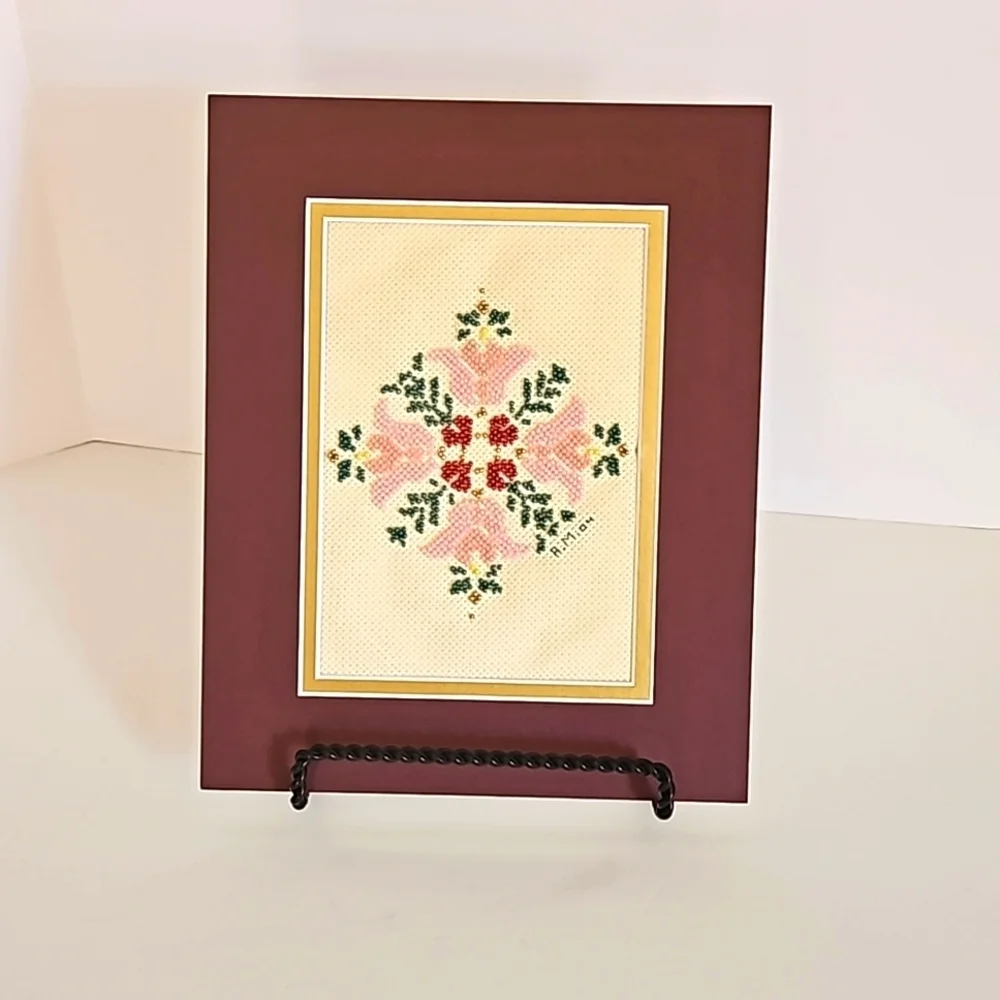 Hand Crafted Glass Beaded Art Floral Needlepoint Beadwork Pink Flower Framed